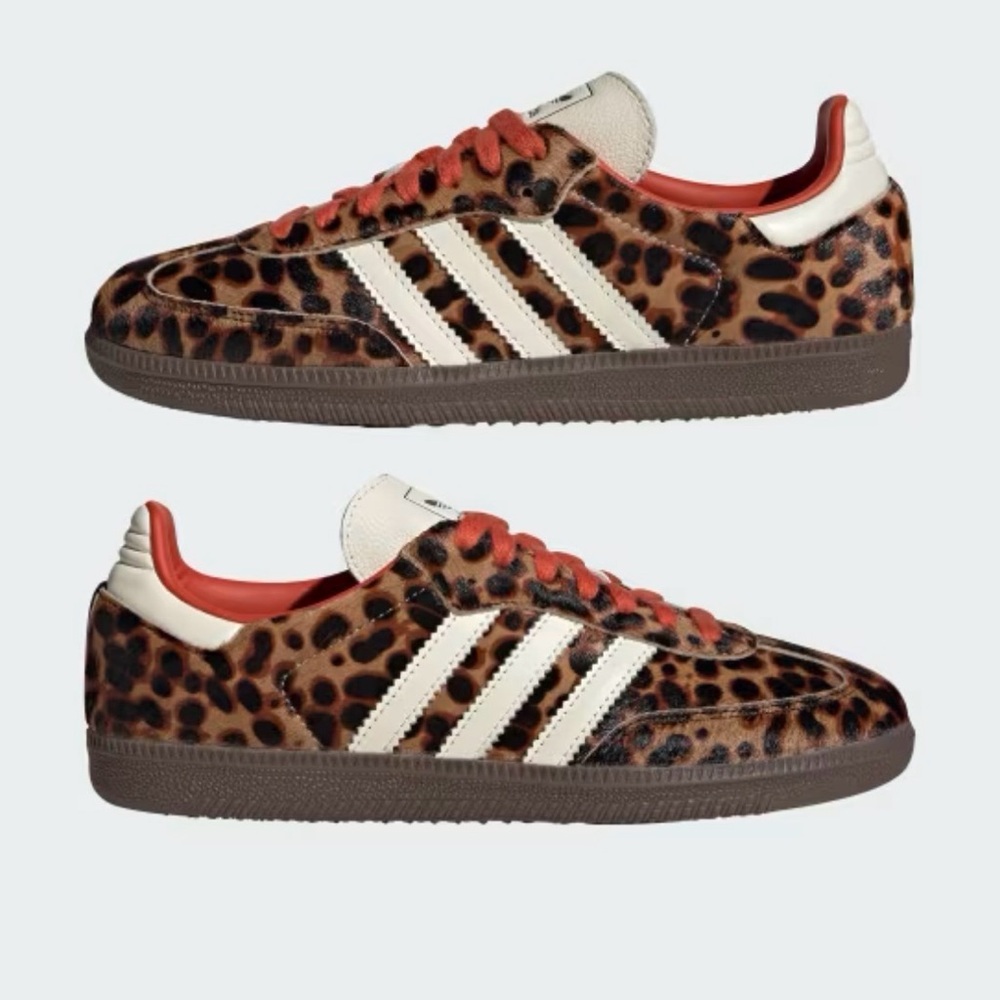 adidas Leopard Print Samba Sneakers with Cream Stripes and Red Accents